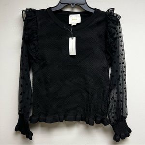 Anthropologie - Maeve - Smocked Ruffled Sleeve Top - Black - New